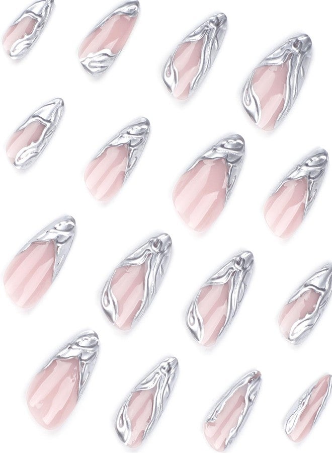 VOTACOS Press on Nails Long Almond Fake Nails with Silver Swirl Designs Full Cover False Nail Glossy Stick on Nail for Women - Image 5